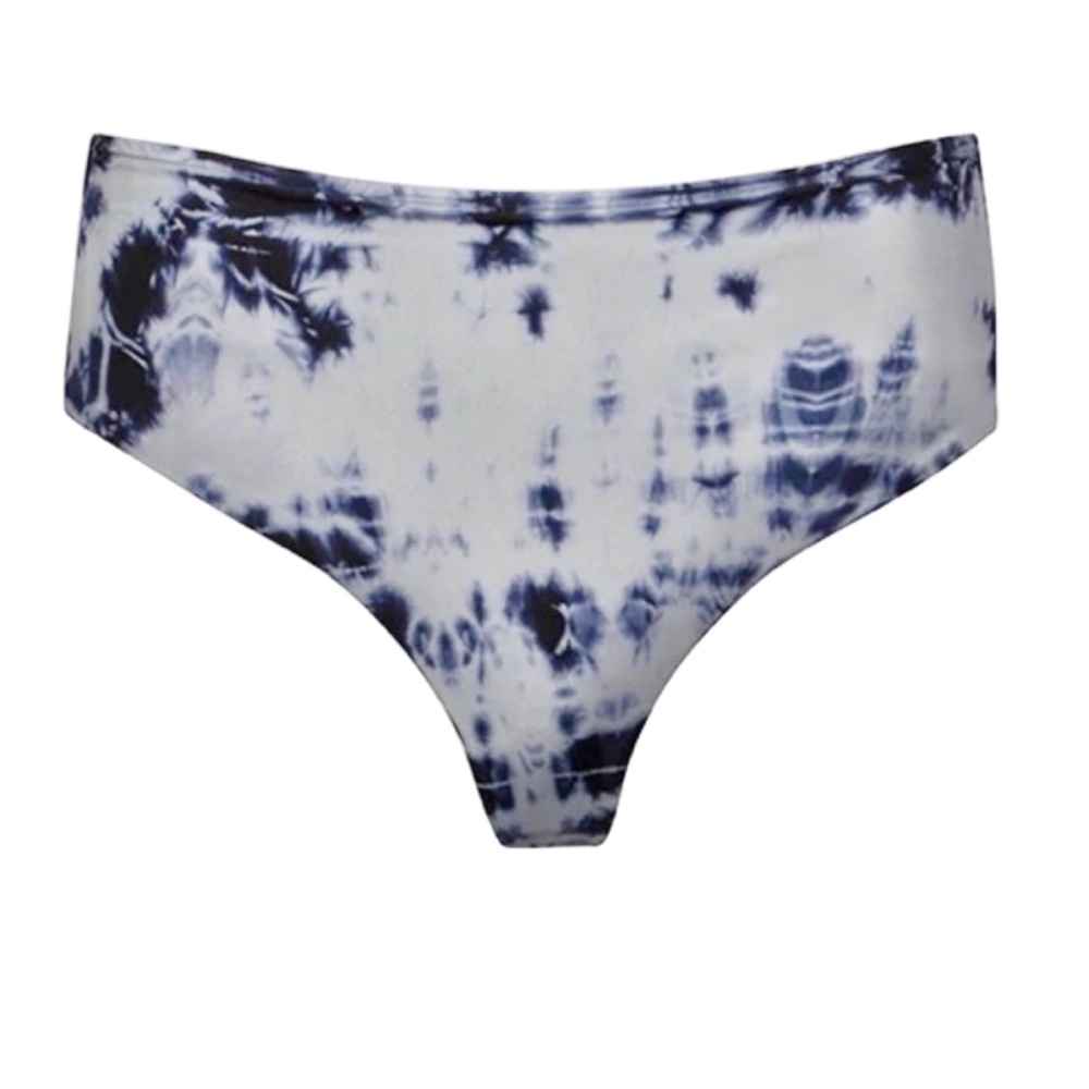 Dos Gardenias High-Waist Tie-Dye Bikini Bottoms in Navy and White